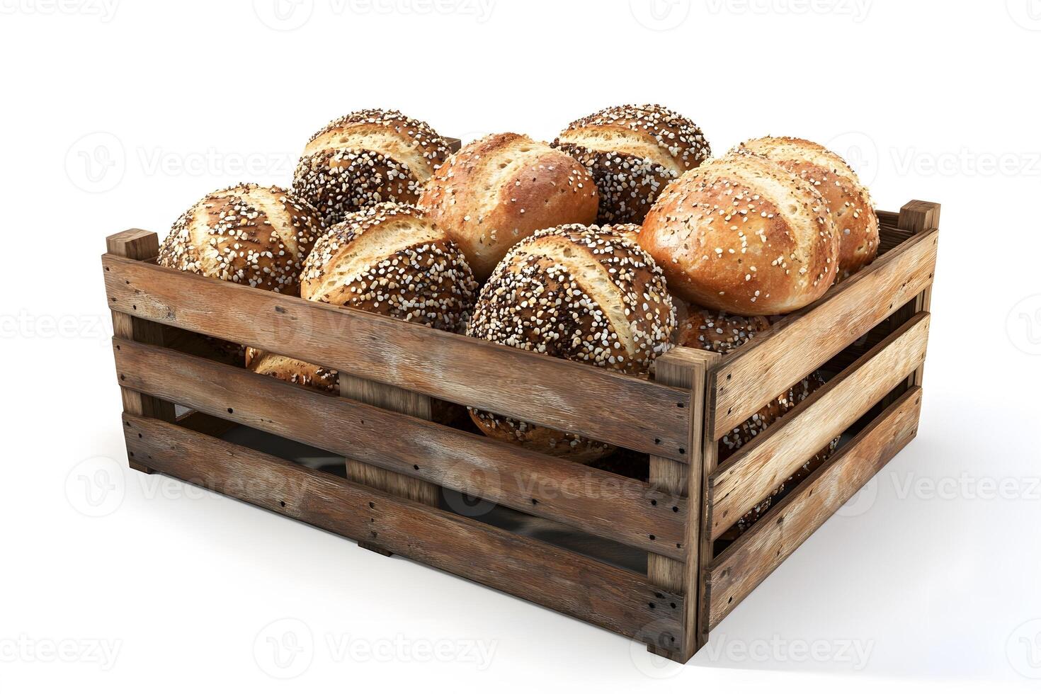 3D open crate of organic bread and whole grain rolls photo