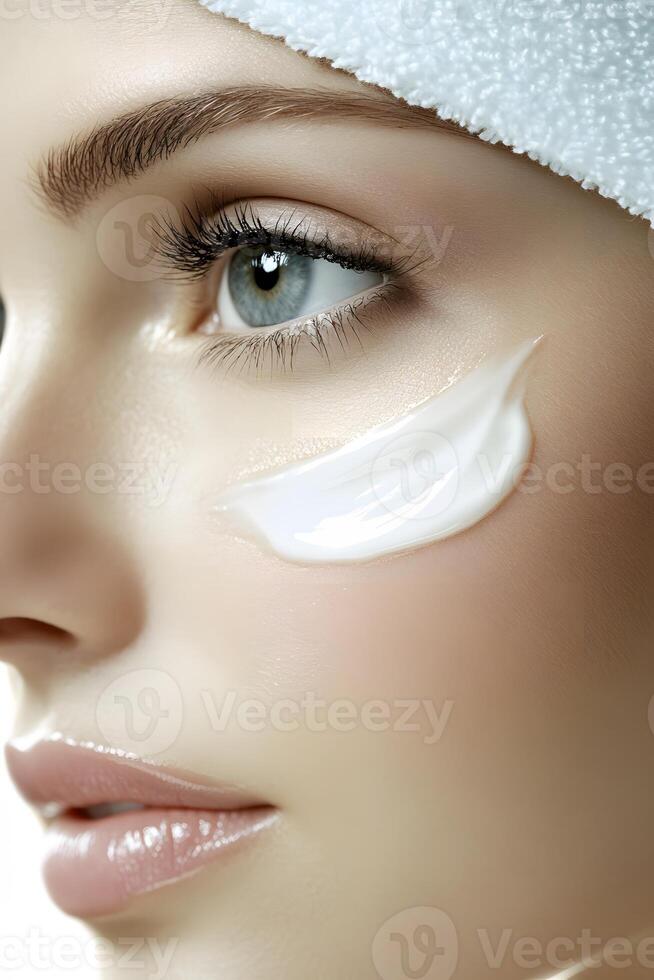 woman applying organic skincare cream glowing skin natural makeup soft focus photo