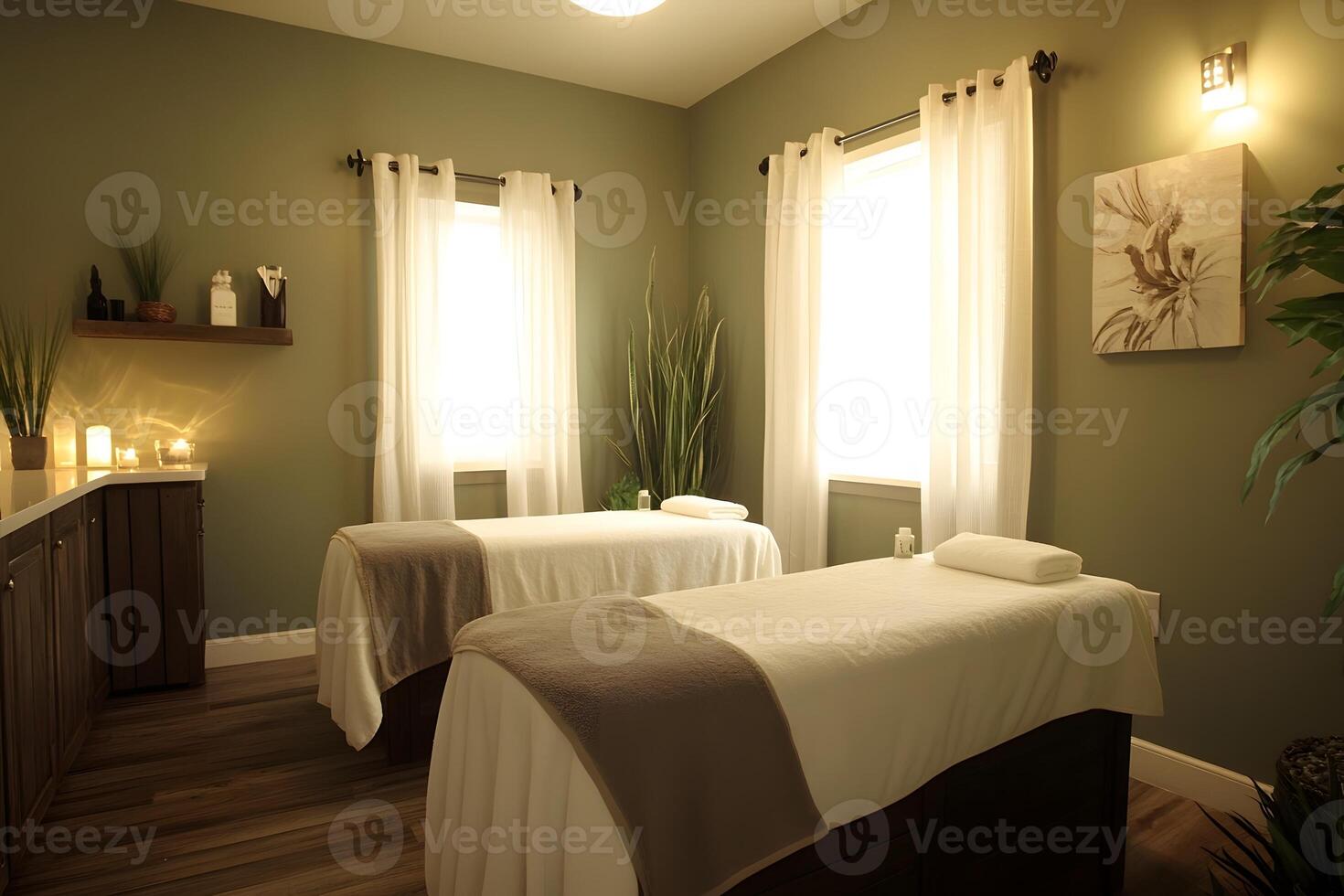serene spa interior with soft lighting natural elements minimalist design tranquil atmosphere photo