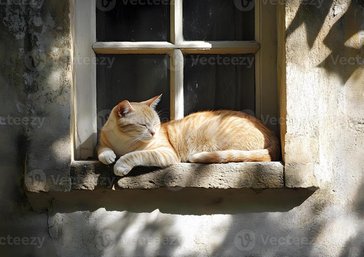 cat in sunlit window relaxing calm home minimalist decor photo