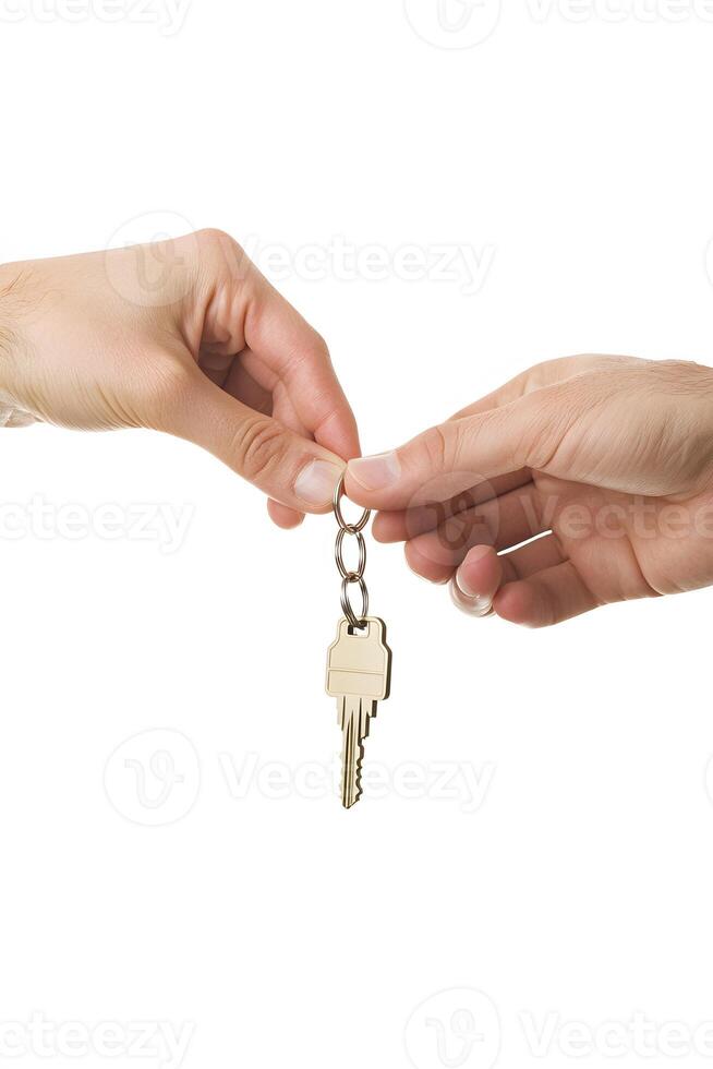 a real estate agent handing house keys to investor in office setting photo
