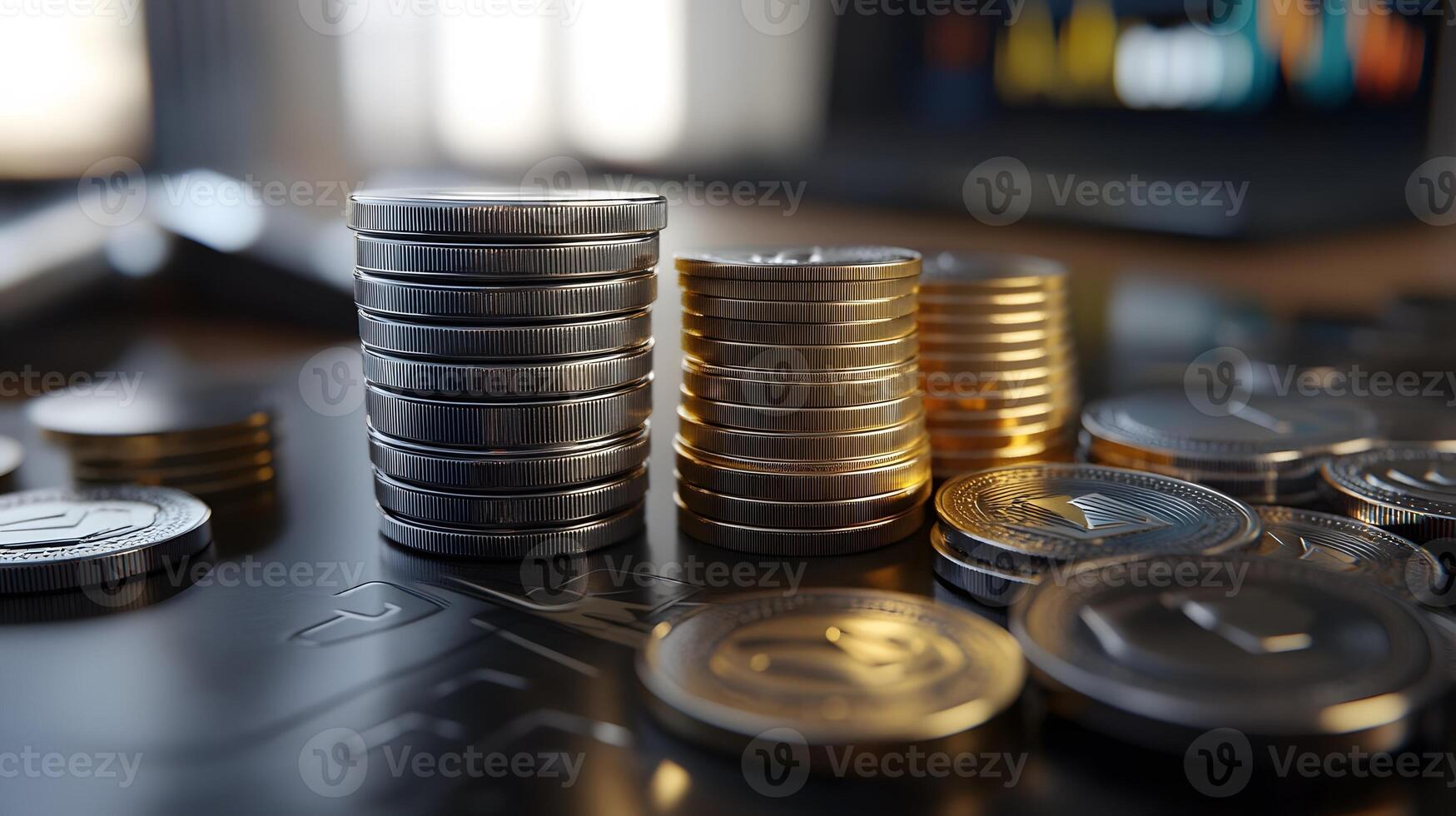 a 3D model of coins stacked with line graph overlay photo