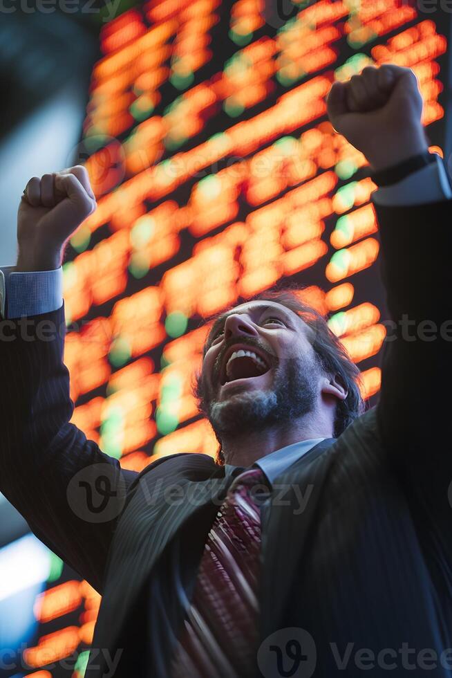 a dramatic image of trader cheering in front of rising market screen photo
