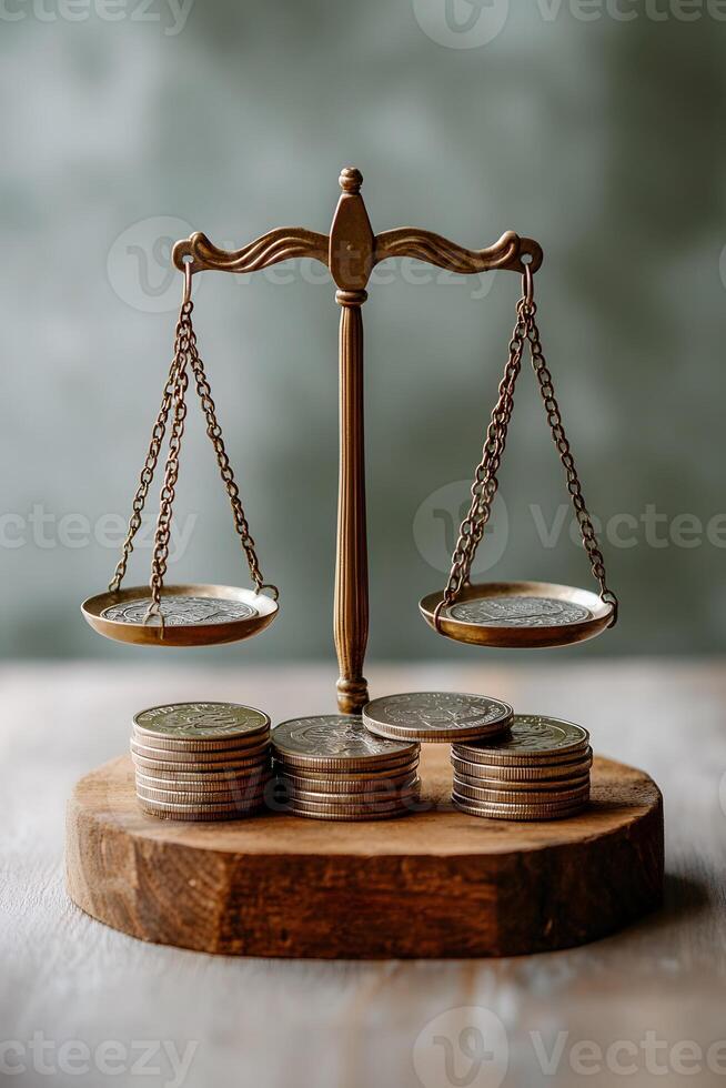 symbolic scale with coins and time balancing each other photo