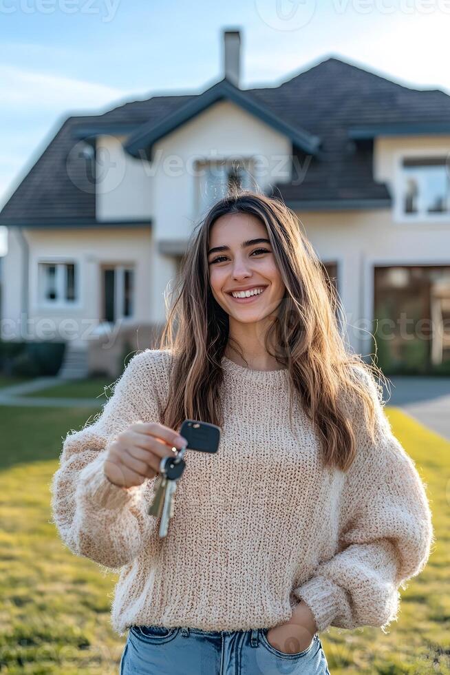 a landlord holding keys with smile beside rental house photo