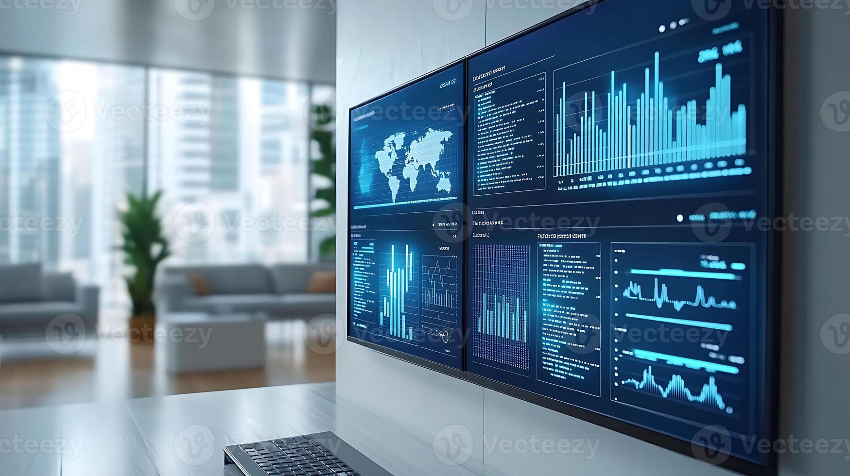 clean white workspace with floating 3D charts and digital analytics panels photo