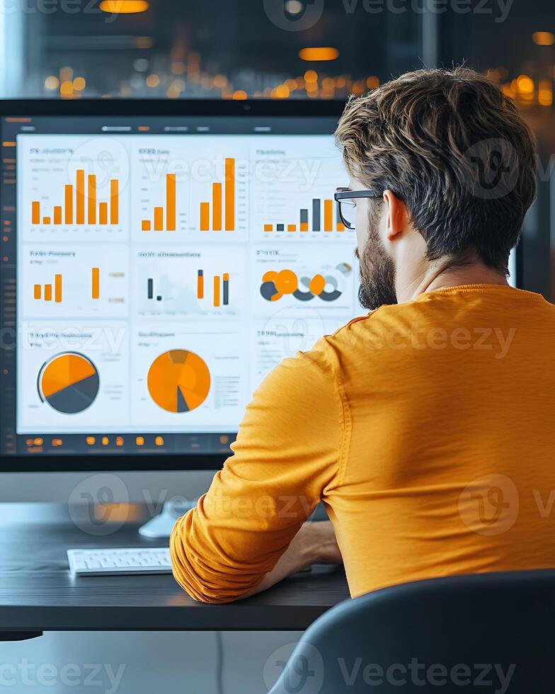 HR manager analyzing employee performance dashboard, vibrant infographic style photo