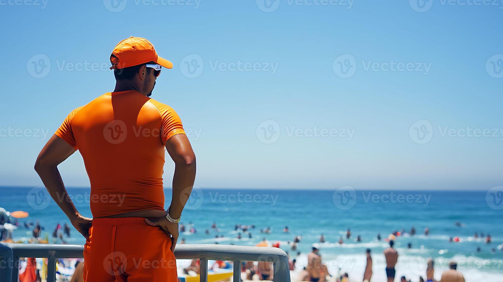 beach lifeguard watching swimmers from tower under clear sky photo