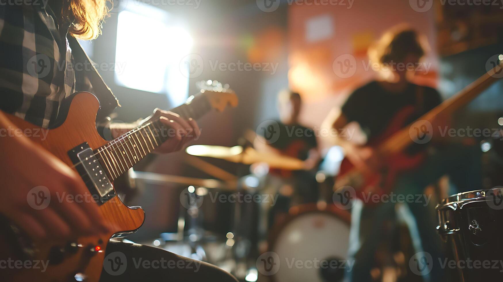 musicians rehearsing with instruments in soundproof studio. photo