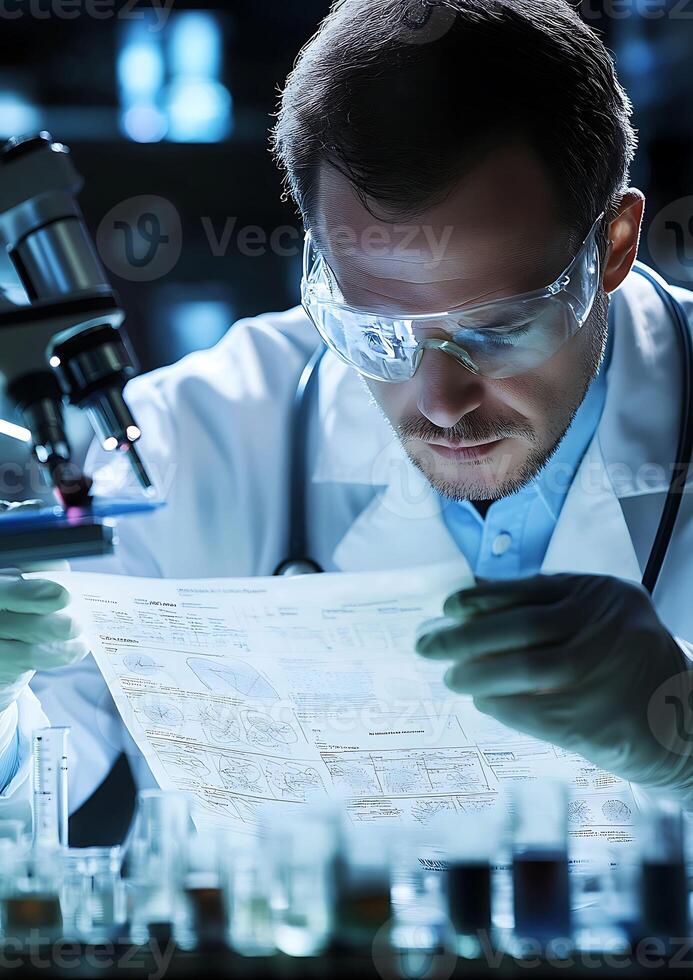 researcher studying report with medical diagrams photo