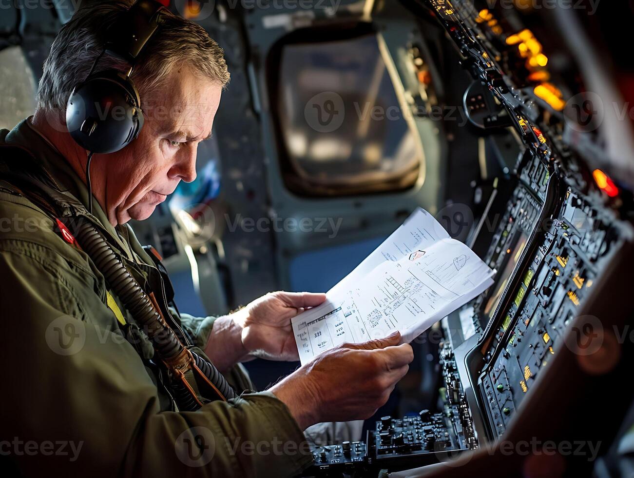 pilot reviewing flight checklist inside cockpit photo