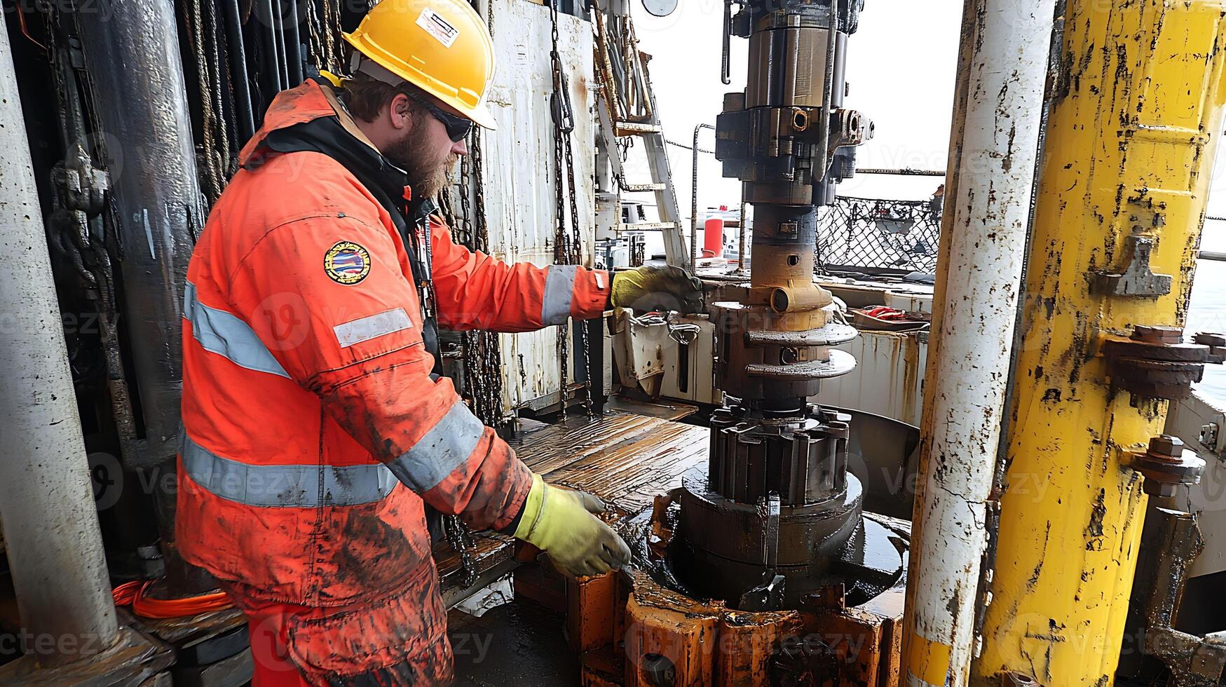 offshore rig worker operating equipment with safety gear. photo