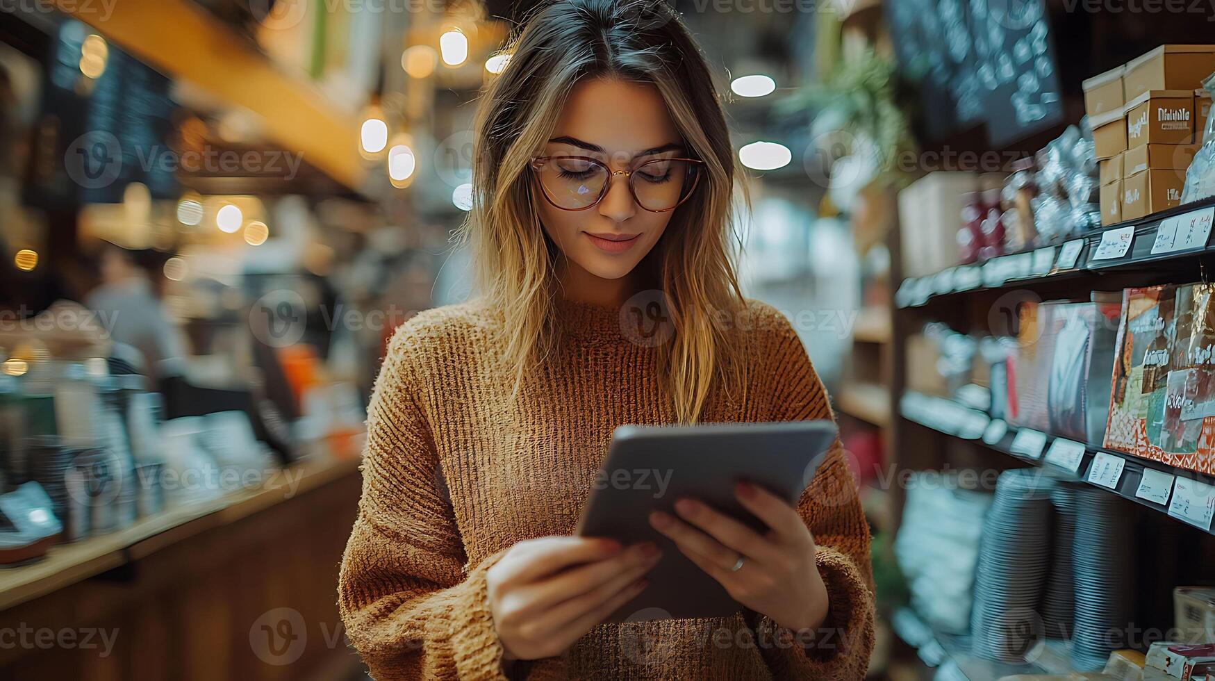 young woman using tablet with financial graphs at coffee shop, photo