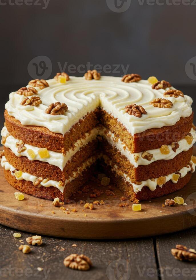 A beautiful, multi layered carrot cake topped with walnuts and cream cheese frosting. photo