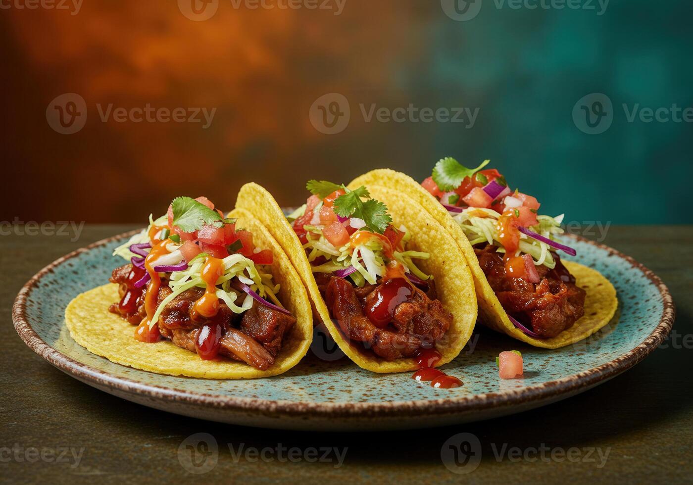 Three flavorful tacos sit on a plate, filled with meat and fresh toppings. photo