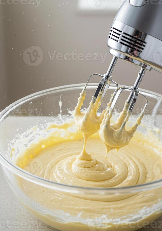 Hand mixer in a glass bowl, creating a smooth and delicious batter for baking. photo