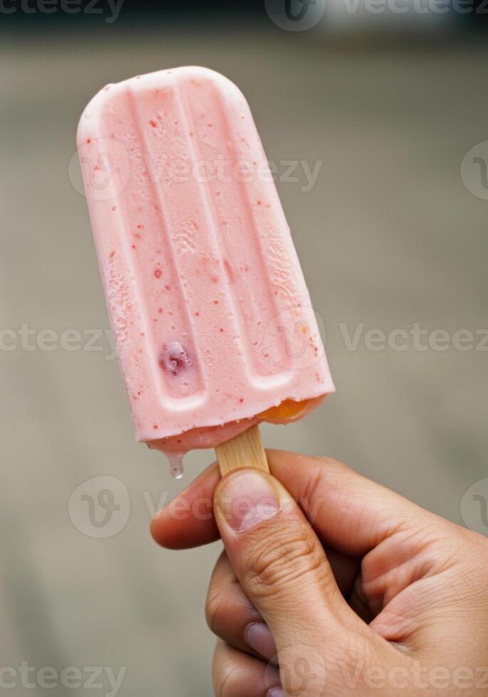 A refreshing, pink strawberry popsicle on a wooden stick held by a hand, ready to eat. photo