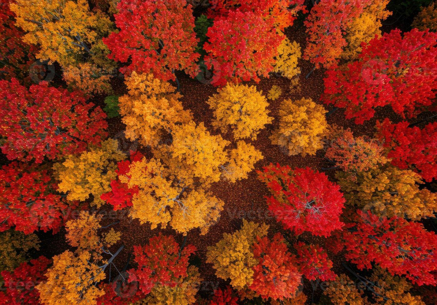 Vibrant autumn trees create a breathtaking mosaic of red, yellow, and orange hues from above. photo