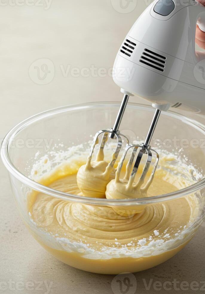 An electric hand mixer blending batter in a glass bowl, preparing for baking. photo