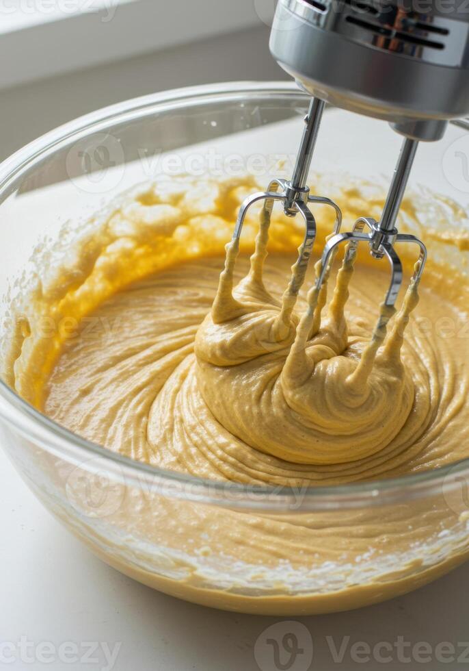 A hand mixer blends golden batter in a clear bowl, ready for baking a delicious cake. photo