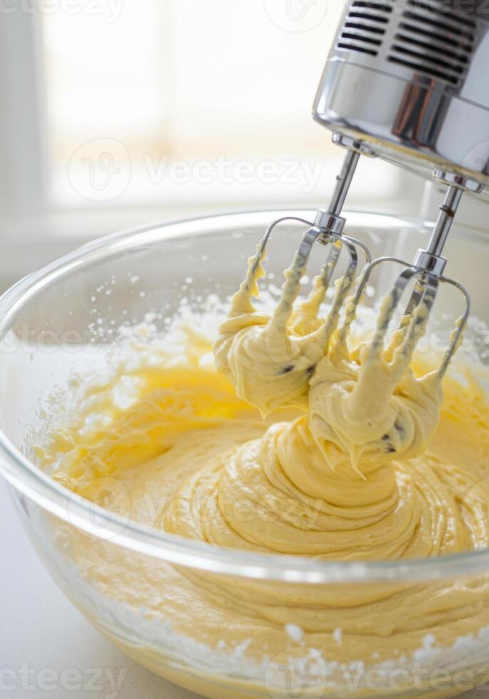 Electric mixer whipping cake batter in a clear glass bowl, ready for baking. photo
