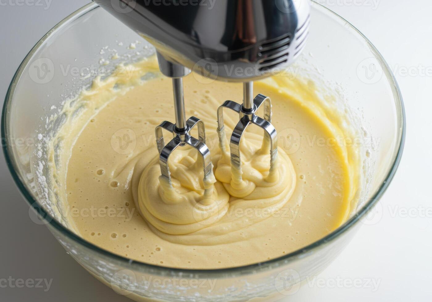 Close-up shot of a hand mixer blending batter in a clear glass bowl, ready for baking. photo