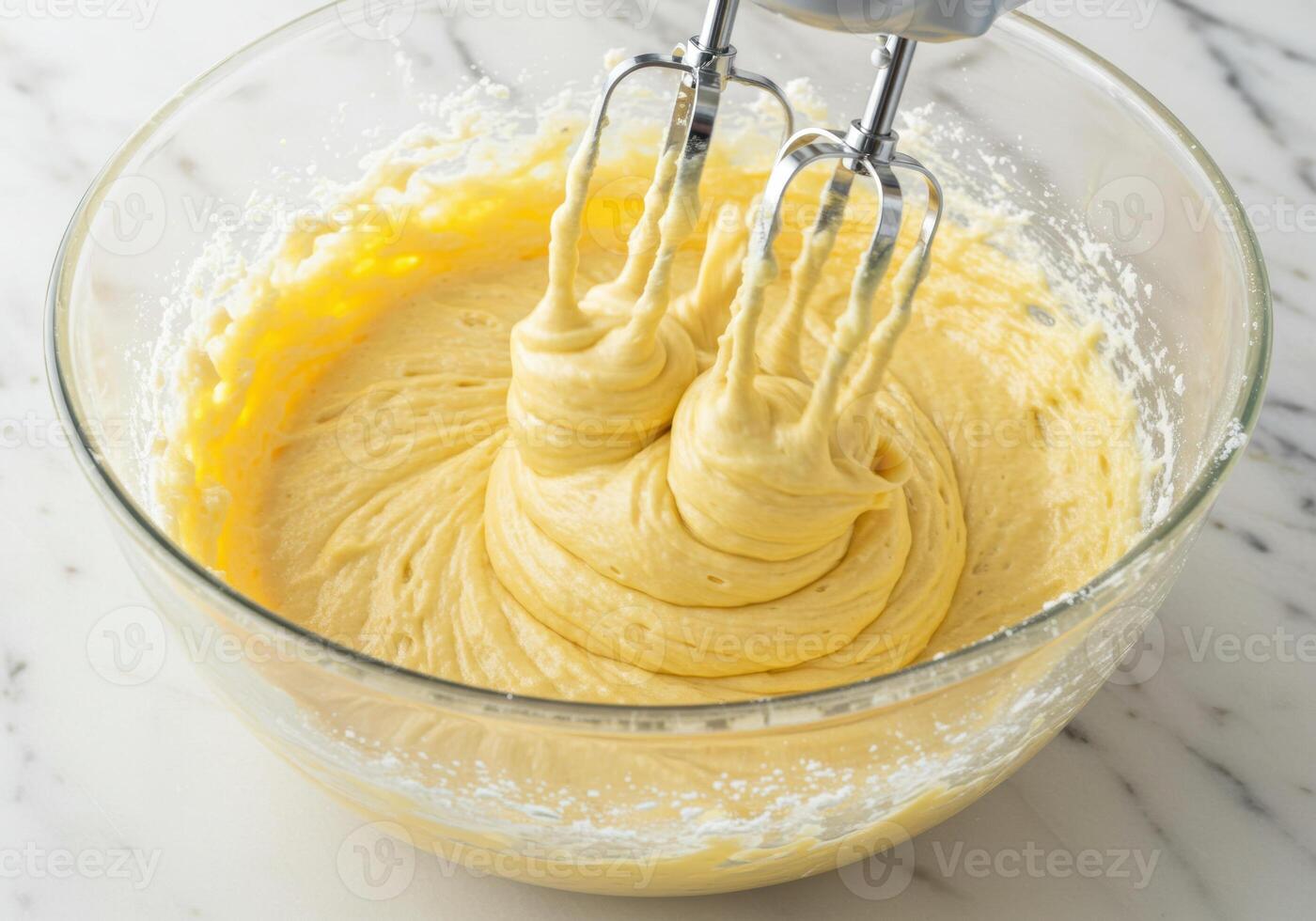 An electric hand mixer blends batter in a glass bowl, preparing for baking delicious treats. photo