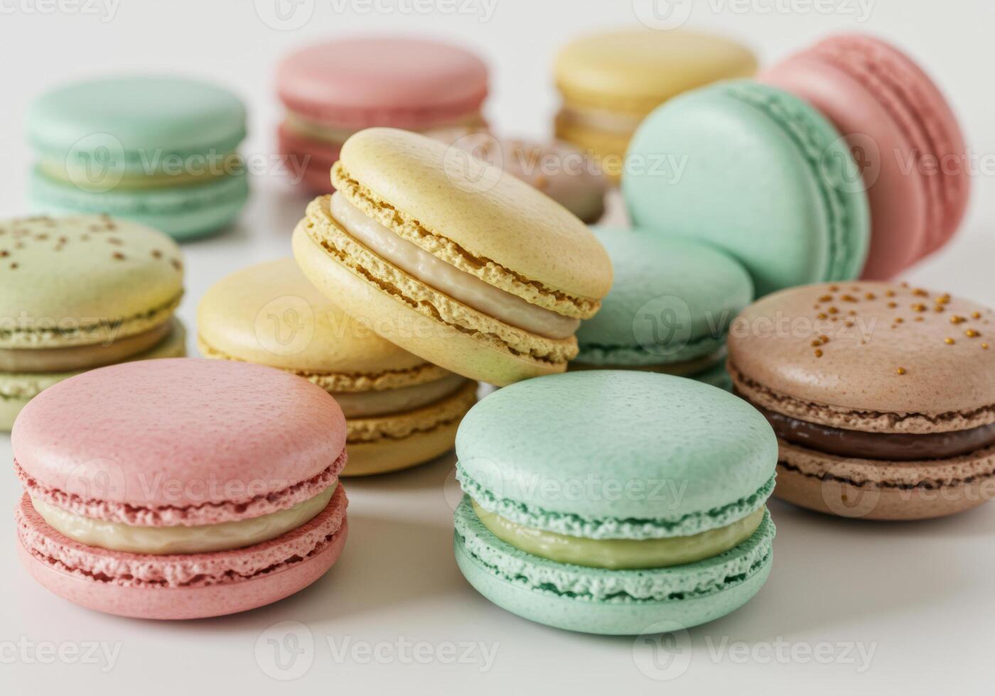 A delightful assortment of colorful macarons in a close-up studio shot. photo