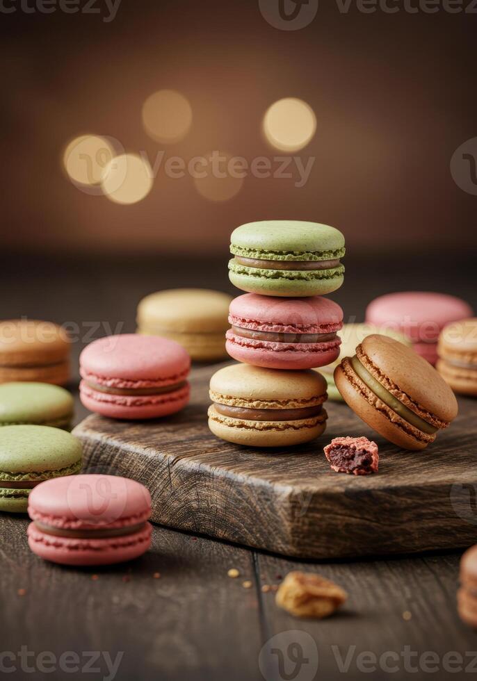 A beautiful display of assorted macarons of various colors and delicious flavors. photo