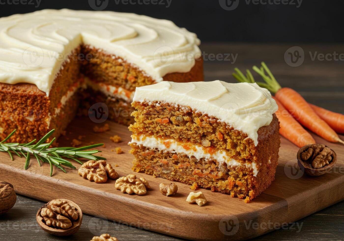 A beautiful carrot cake with a slice cut out and fresh ingredients nearby. photo