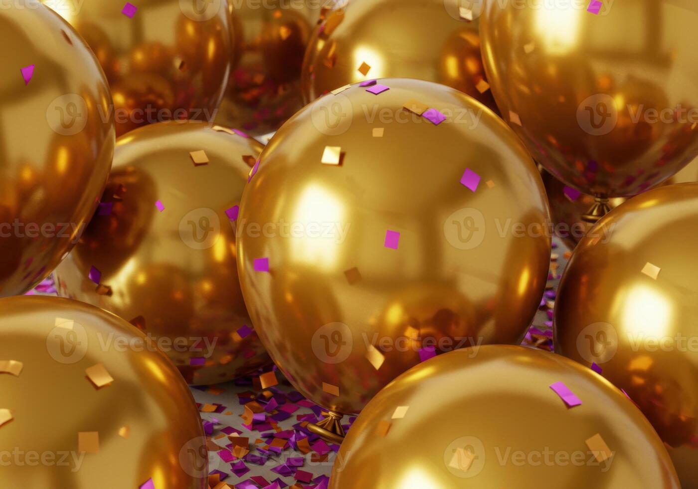 A group of shiny golden balloons floating with confetti for a festive celebration. photo