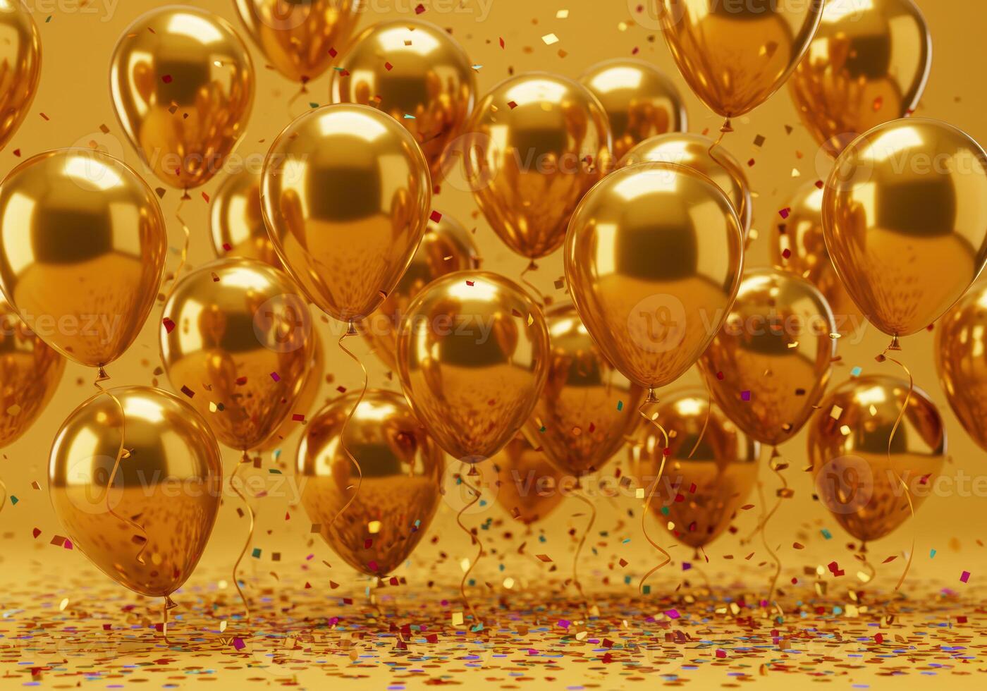 A vibrant scene features numerous gold balloons, creating a joyful and celebratory ambiance. photo