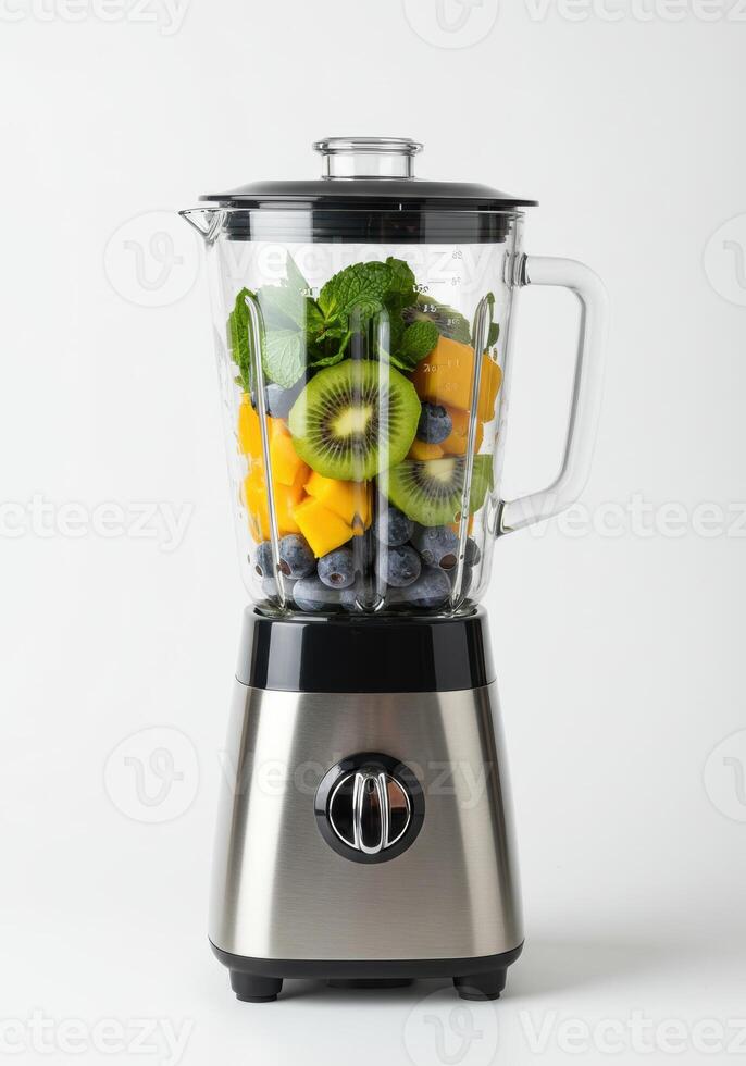 A blender filled with fresh fruits and mint ready to make a delicious smoothie. photo