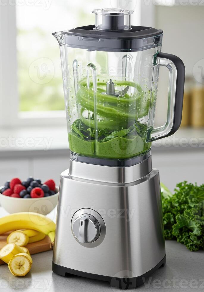 A close up view of a blender filled with a green smoothie, surrounded by fresh fruit. photo