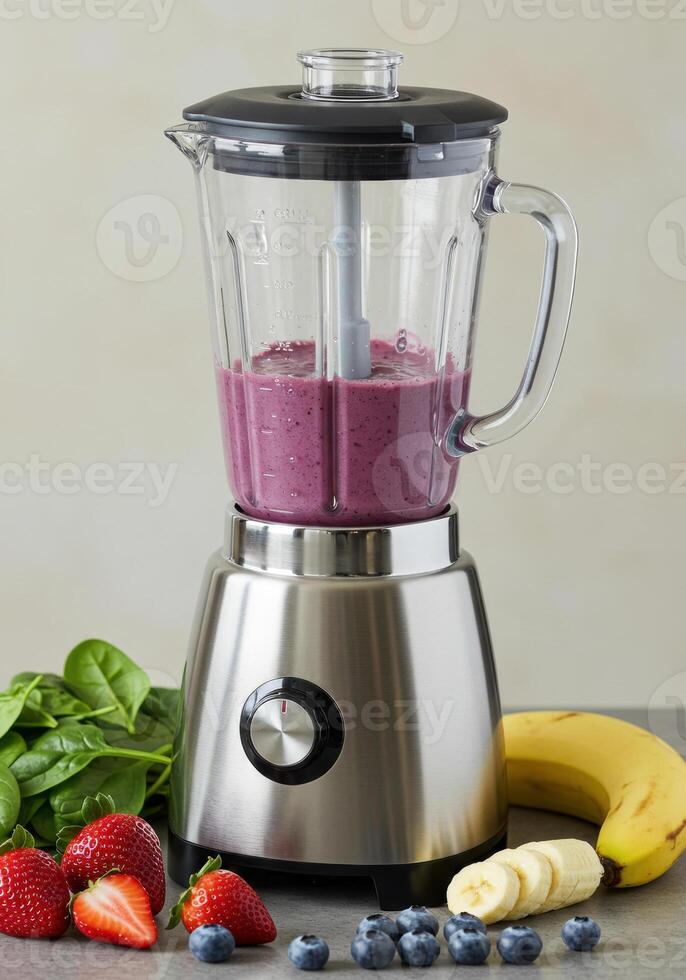 A blender preparing a vibrant, healthy smoothie with fresh ingredients, ready to enjoy. photo