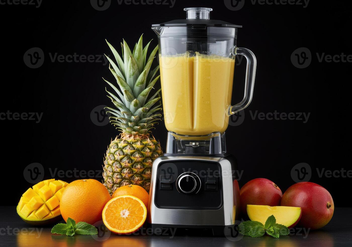 Delicious smoothie with tropical fruits in a blender. photo