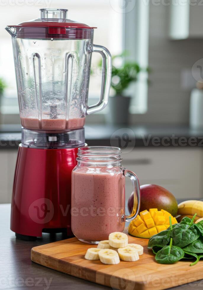 A vibrant red blender with a refreshing smoothie, fresh fruit, and healthy ingredients. photo