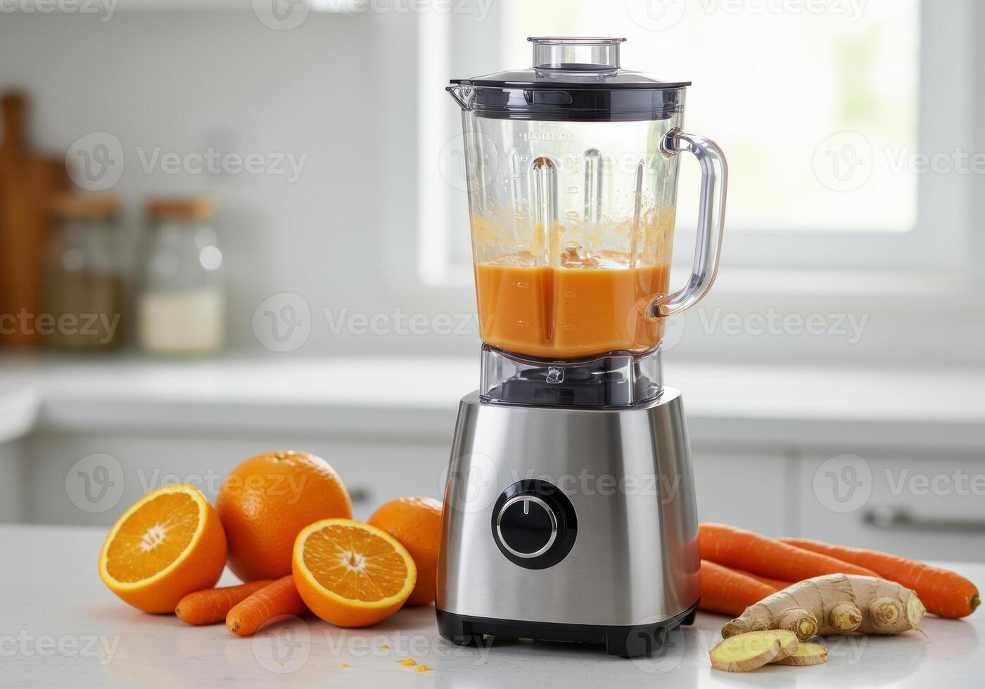 A blender making a healthy orange and carrot juice with ginger and fresh oranges. photo