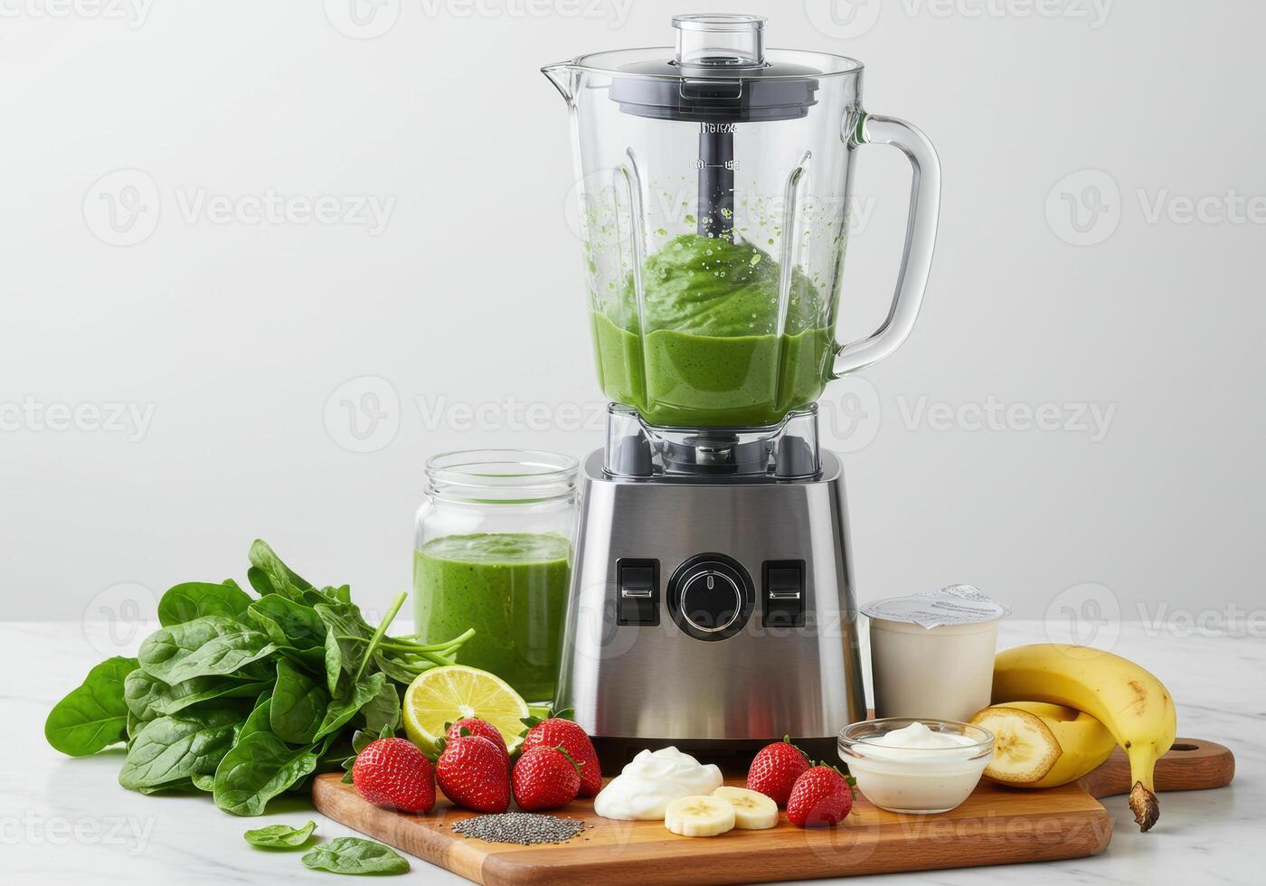 A refreshing blend of fruits and greens is shown in a modern blender for healthy eating. photo