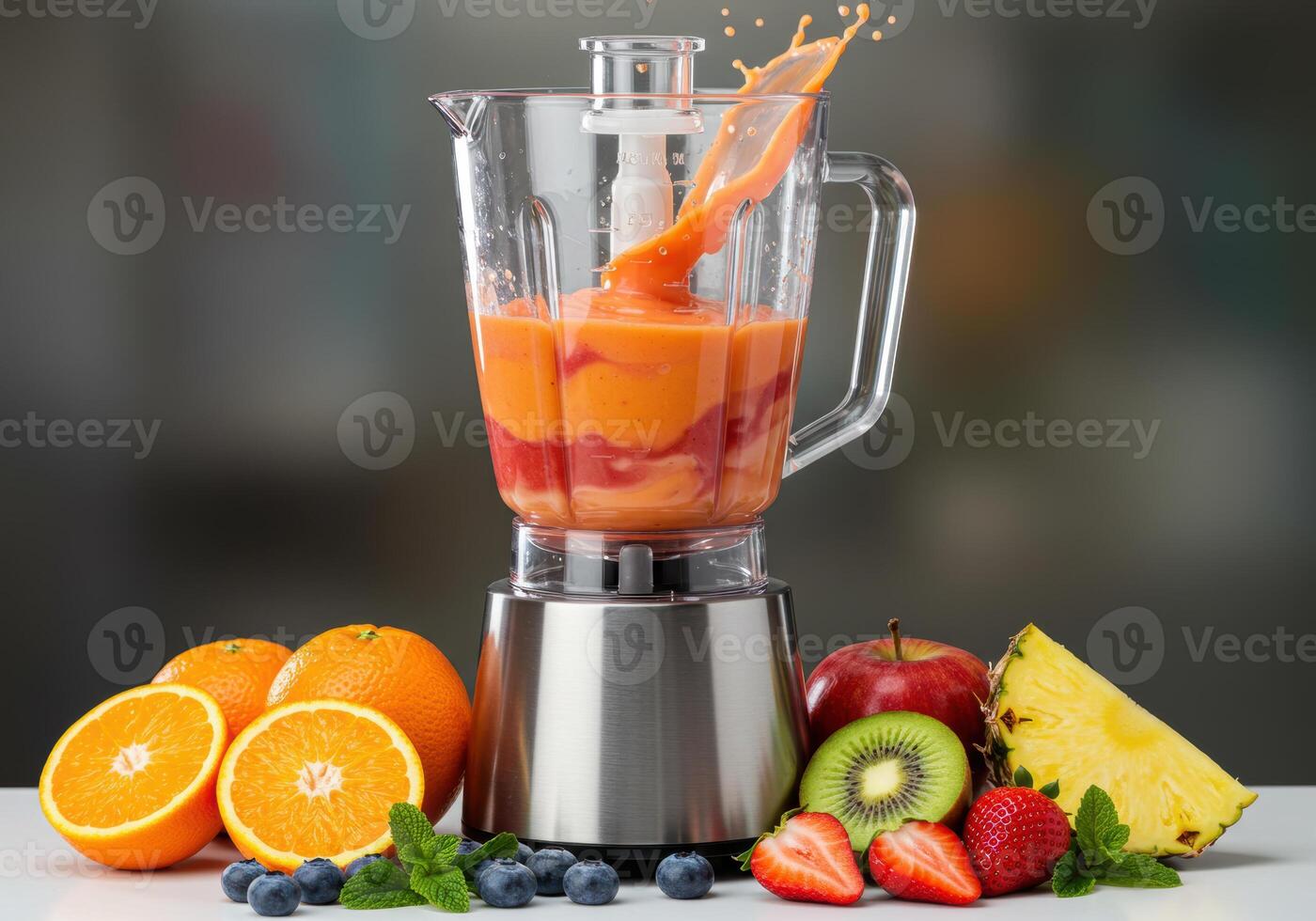 Freshly blended smoothie spilling out of the blender, surrounded by fresh fruits. photo