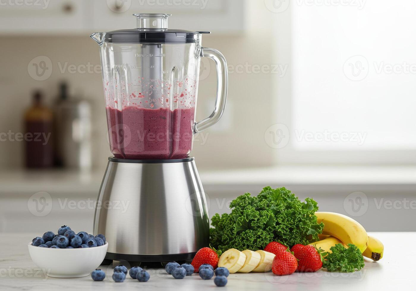 A stainless steel blender prepares a colorful smoothie with fresh ingredients on a marble surface. photo