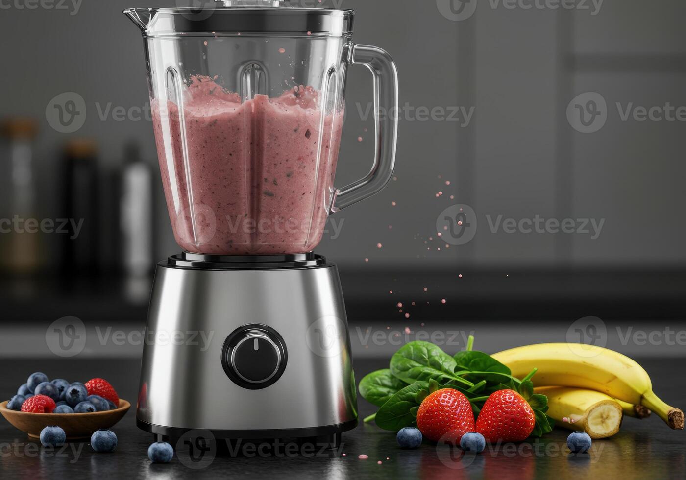 A blender filled with a vibrant smoothie alongside fresh fruits and greens. photo