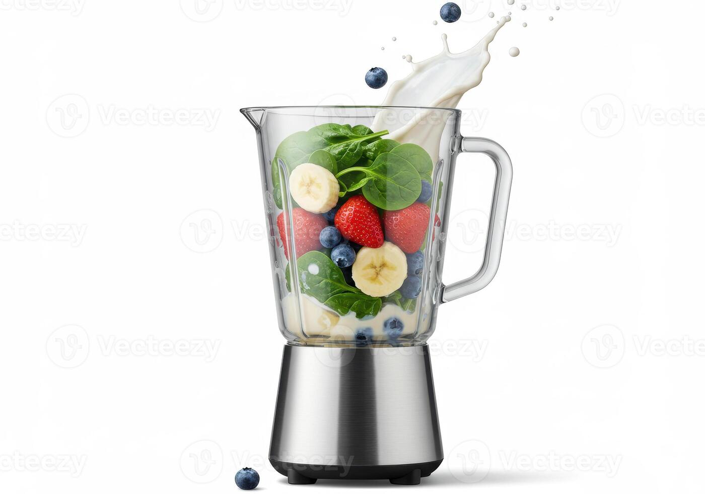 A blender full of fresh fruits and greens is shown with milk being splashed upwards. photo