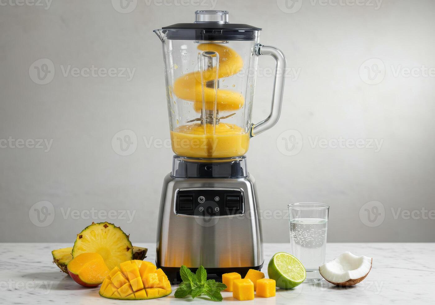 Fresh fruits and blender ready to make a refreshing and tasty tropical smoothie. photo