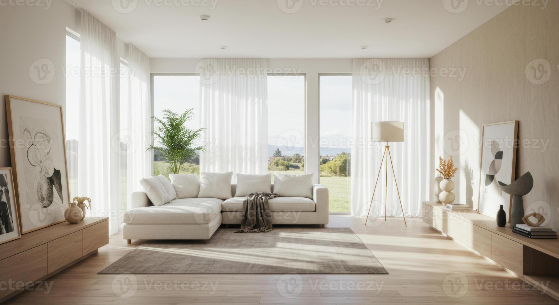 Bright and airy living room showcasing modern design and comfortable furniture. photo