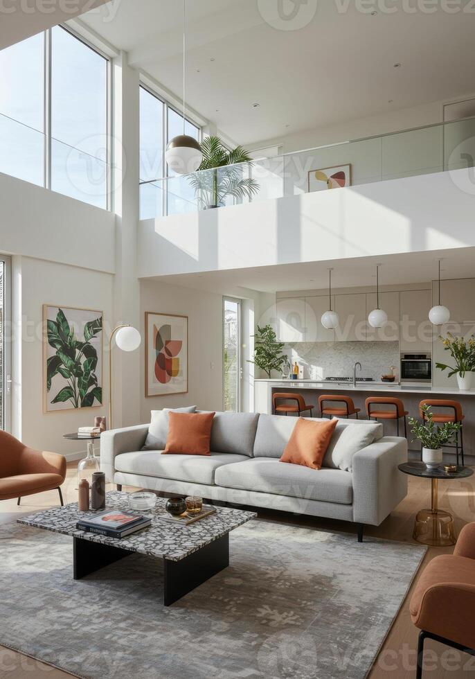 An inviting living room with a modern design, featuring a kitchen and comfortable seating area. photo