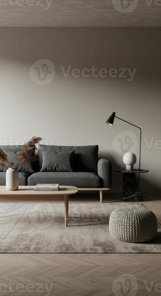 A stylish and serene living room with a modern sofa, lamp, and comfortable accents. photo