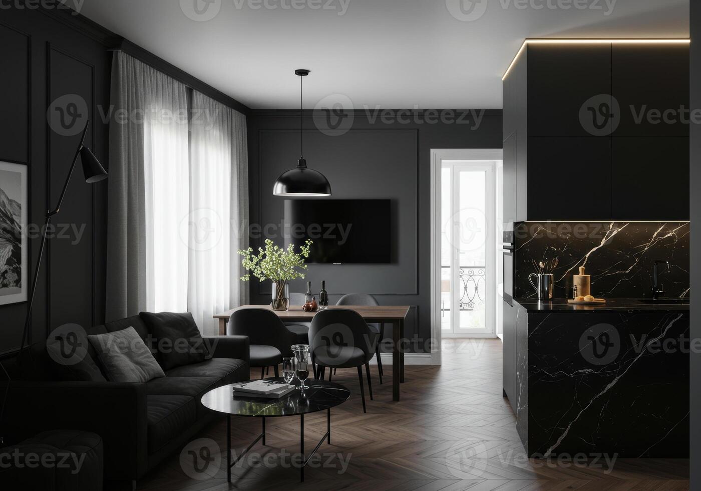 An elegant and modern living space with stylish design and dark, luxurious decor. photo