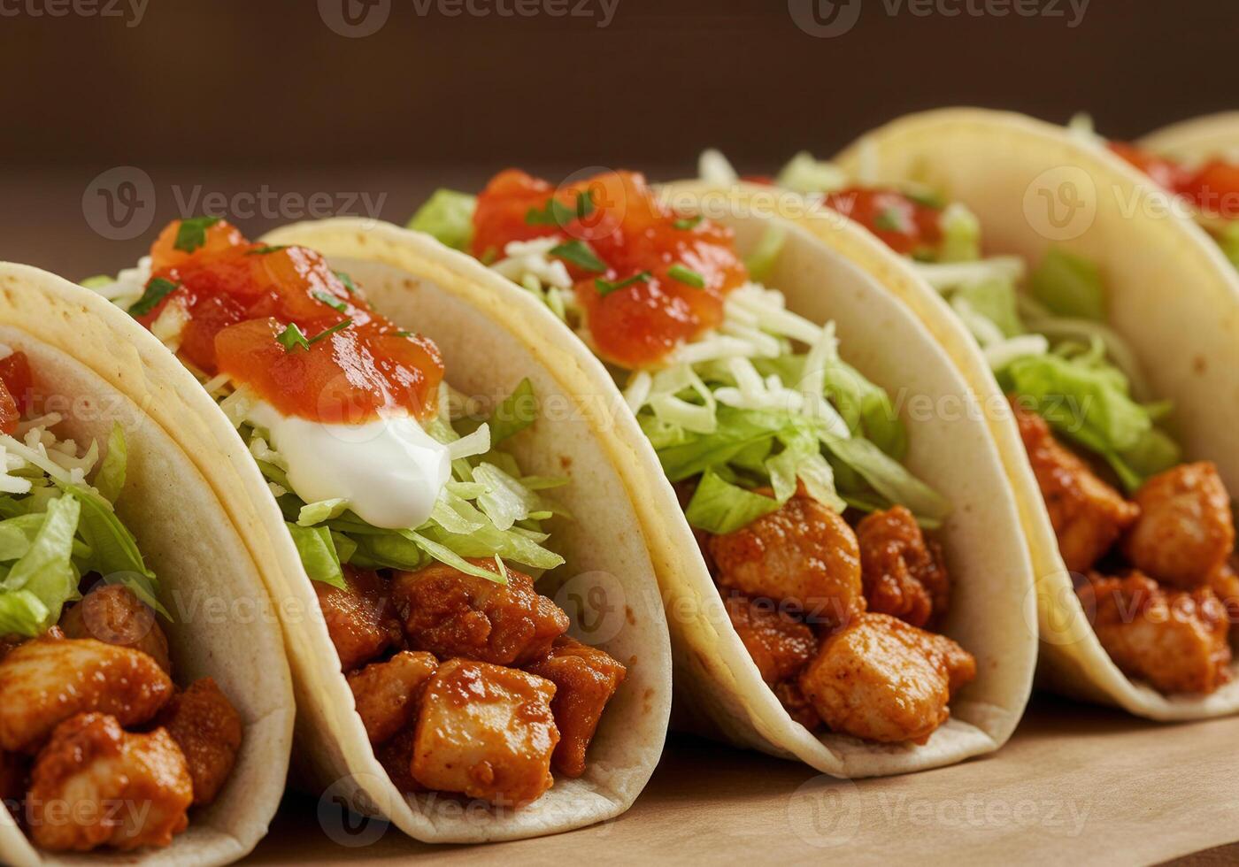 A mouthwatering perspective of filled tacos, stacked in a row, ready to be served. photo