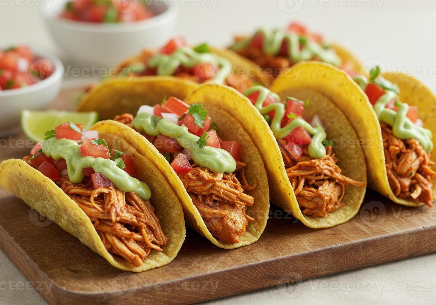 A close up of a delicious arrangement of tacos with various colorful toppings, ready to eat. photo